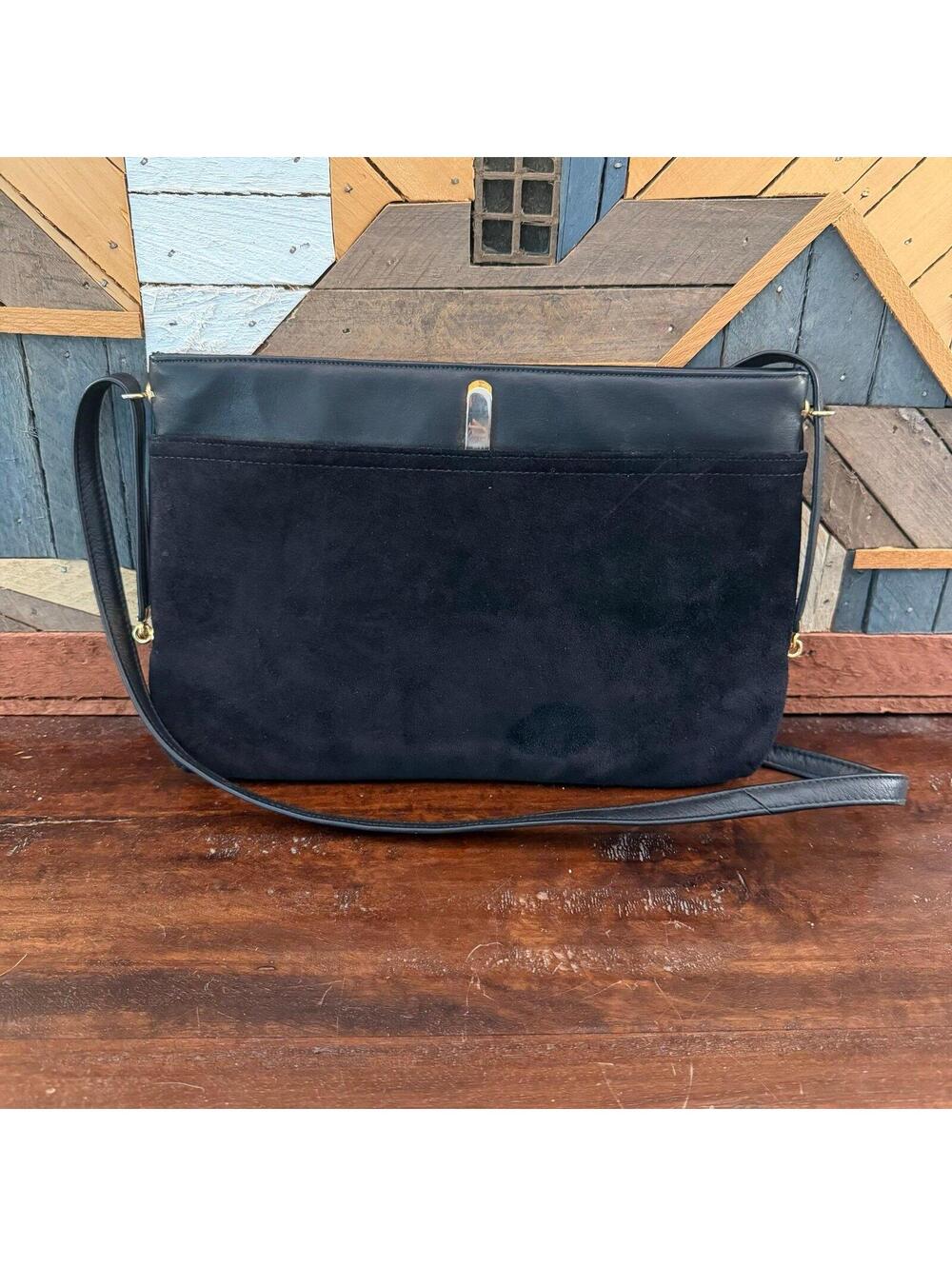 Vintage Susan Gail Black Suede & Leather Shoulder Bag Gold Hardware